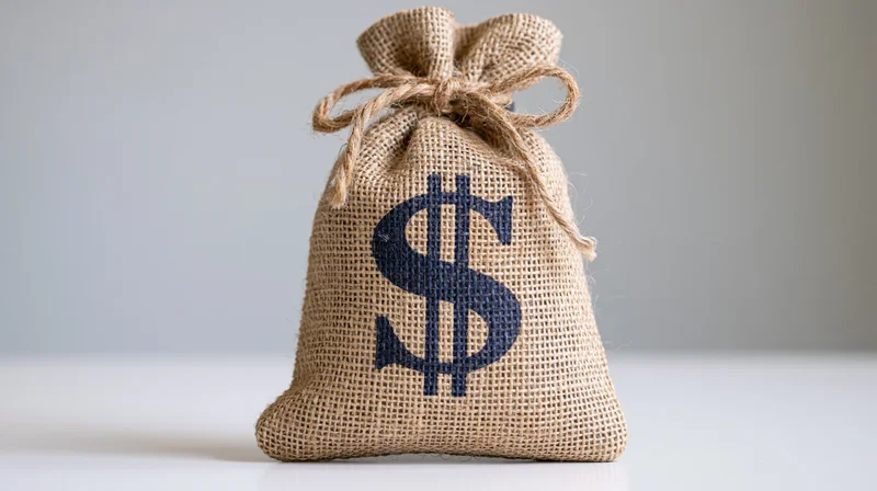 Burlap money bag with printed dollar sign on white surface