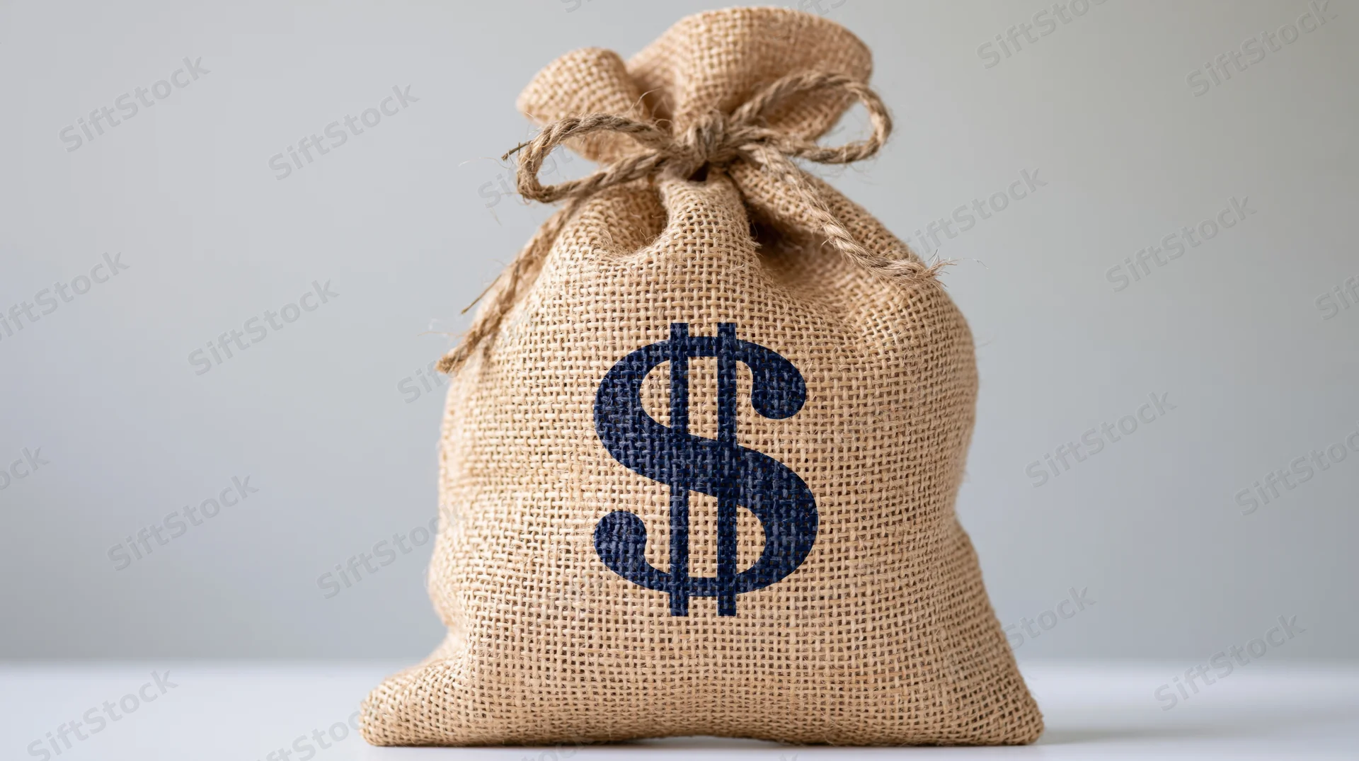Burlap money bag with printed dollar sign on plain background