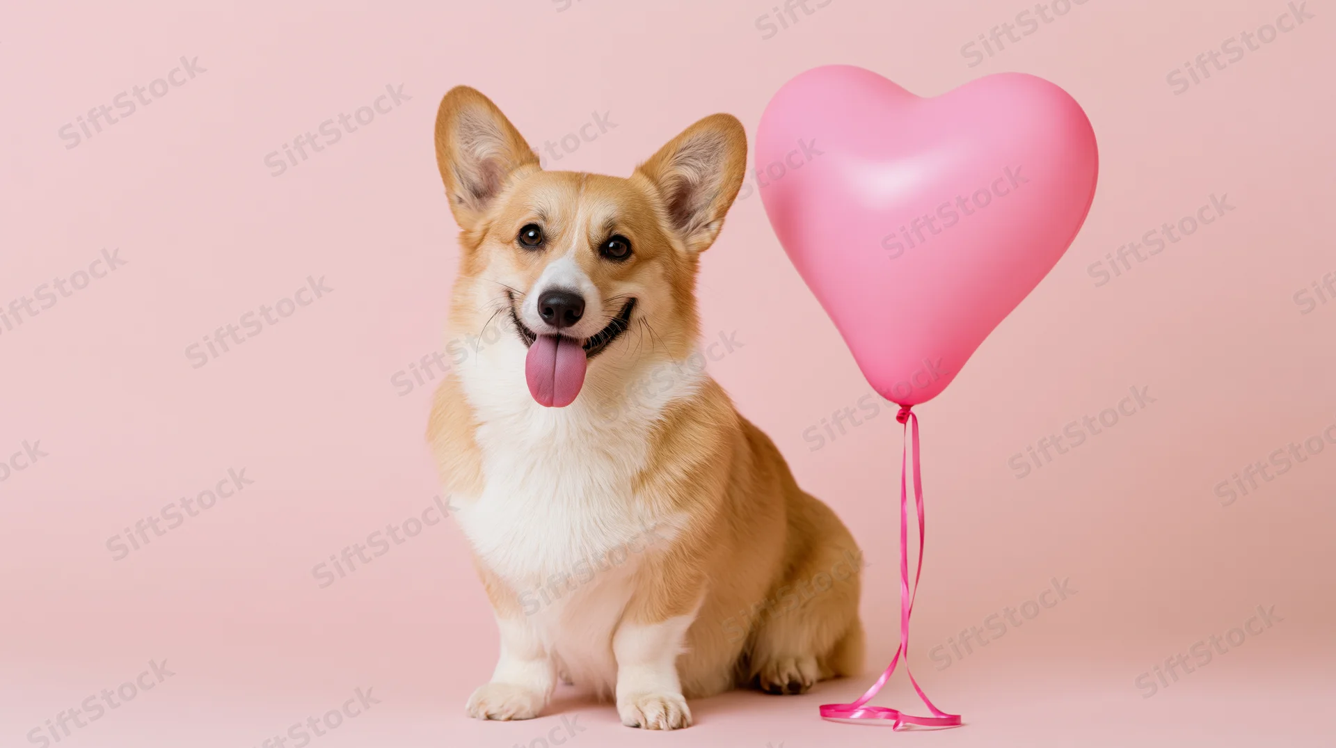 Pembroke welsh corgi sitting with tongue out beside pink heart balloon on pink background
