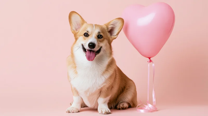Pembroke welsh corgi sitting upright with tongue out beside pink heart balloon on pastel pink background