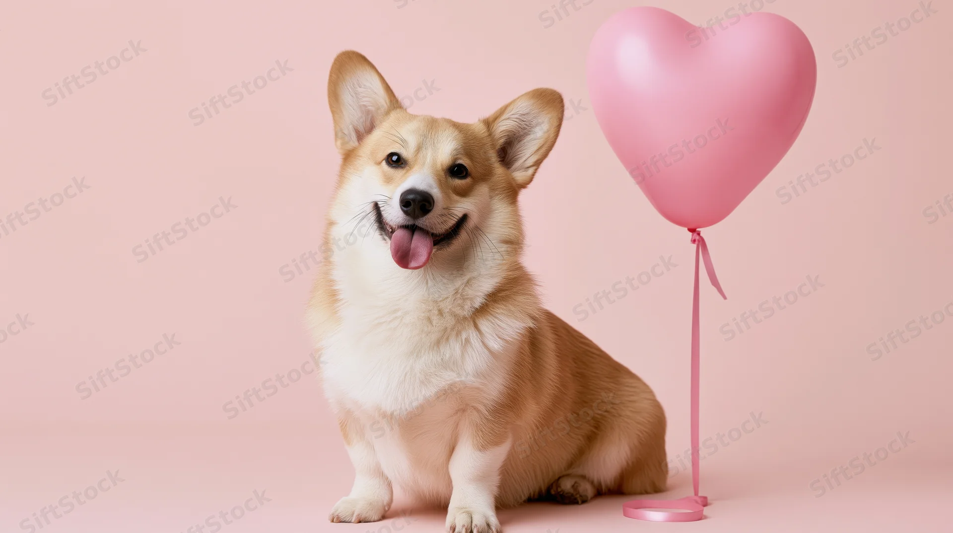 Pembroke welsh corgi sitting with tongue out beside pink heart balloon on pastel pink background