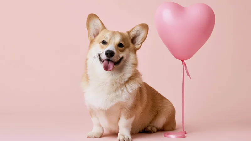 Pembroke welsh corgi sitting with tongue out beside pink heart balloon on pastel pink background
