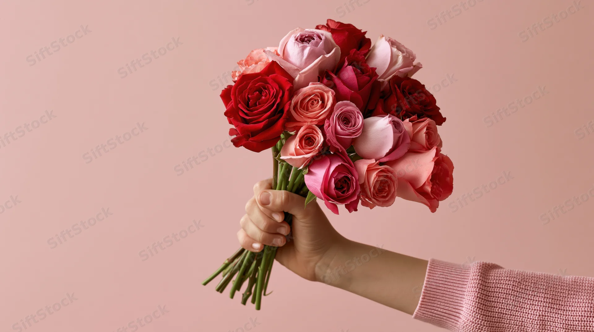 Child's hand holding a mixed bouquet of red and pink roses against a soft pink background