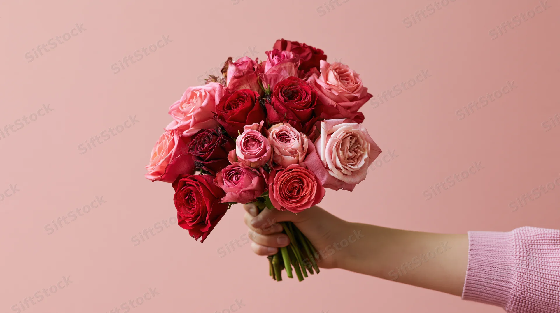 Child's hand holding a mixed bouquet of red and pink roses against a soft pink background