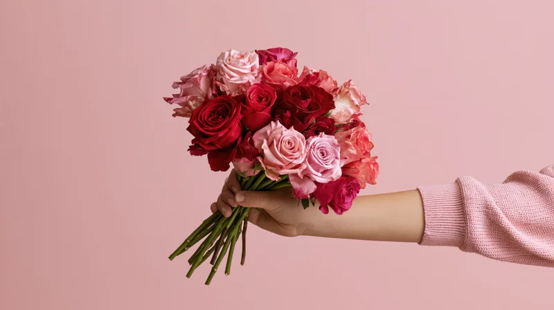 Hand holding a bouquet of red and pink roses against a pink background
