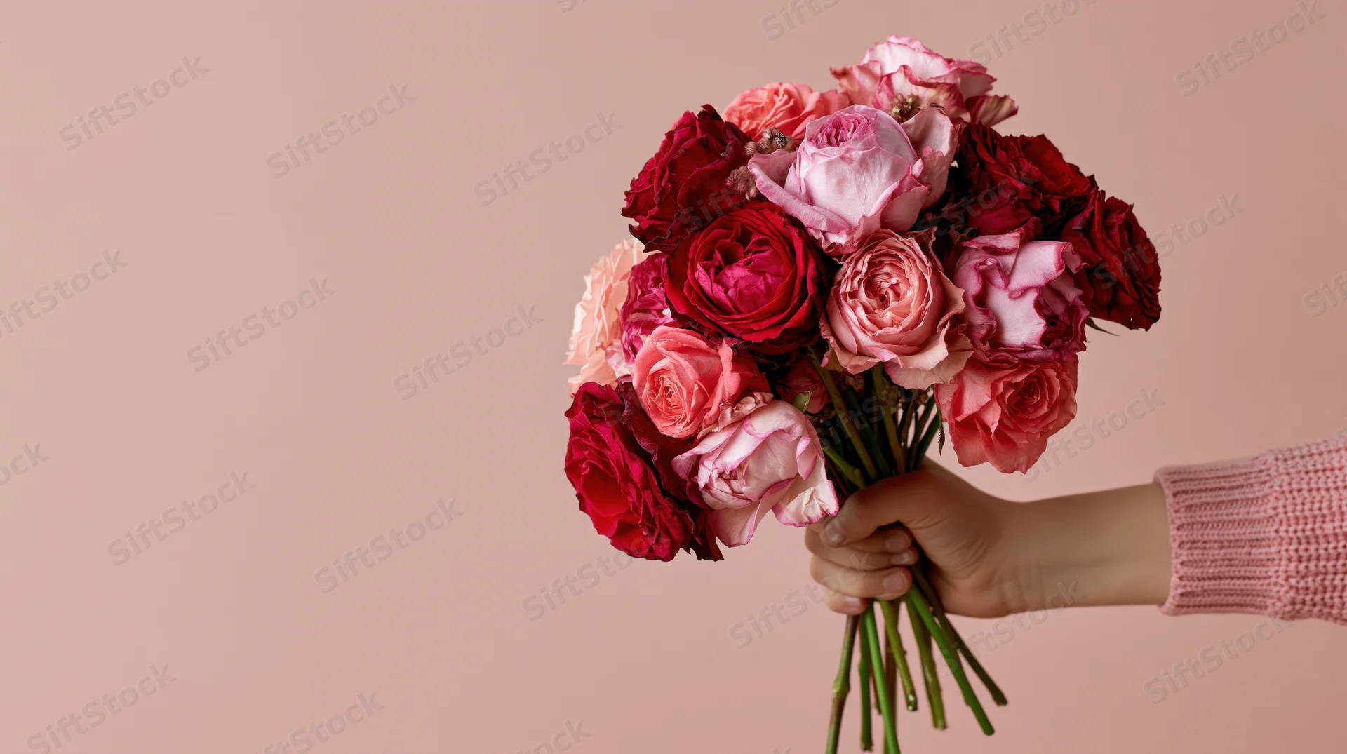 Child's hand holding a mixed bouquet of red and pink roses against a soft pink background