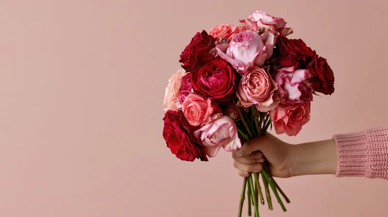 Child's hand holding a mixed bouquet of red and pink roses against a soft pink background
