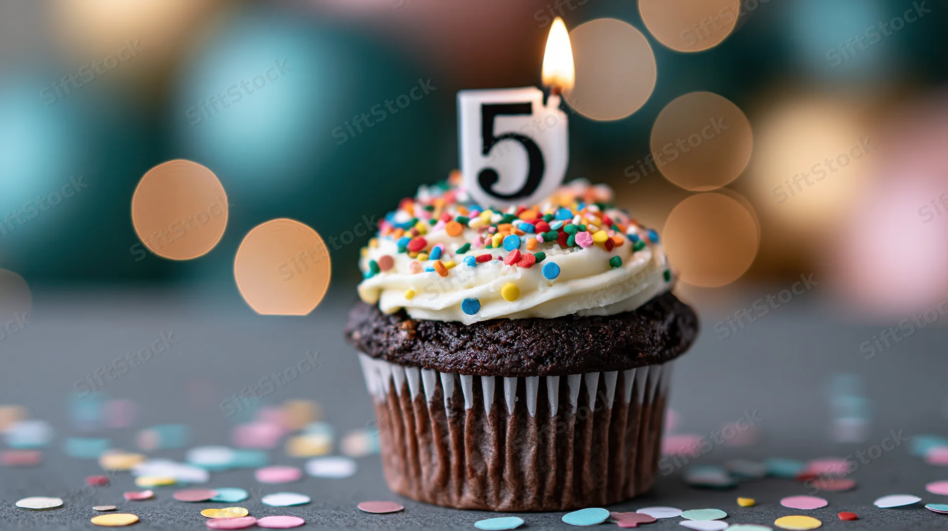 Chocolate cupcake with white frosting and number five candle surrounded by confetti on dark surface