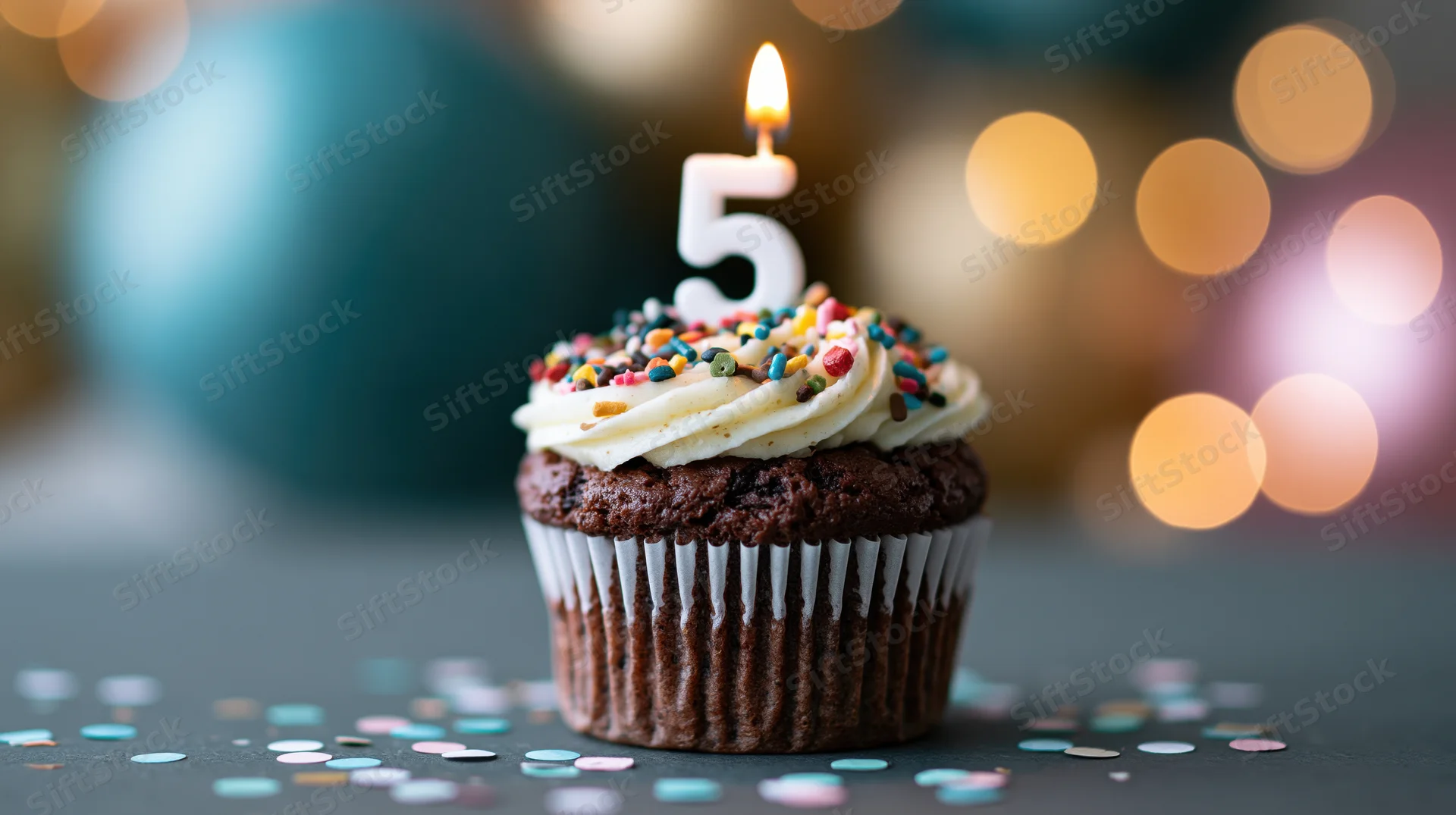 Chocolate cupcake with white frosting and number five candle on dark surface surrounded by confetti and bokeh lights