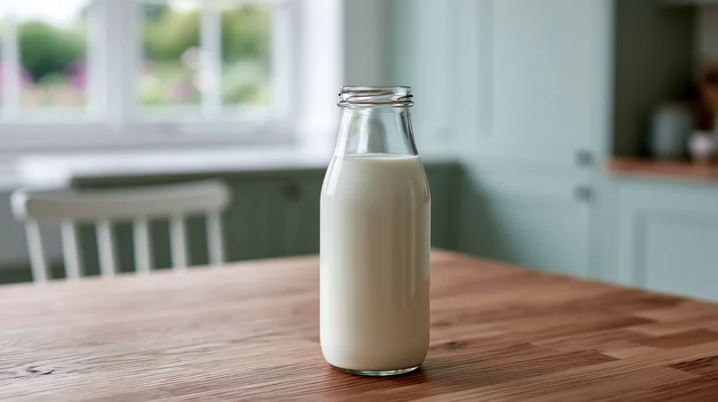 Glass milk bottle filled with white milk on wooden kitchen table near window