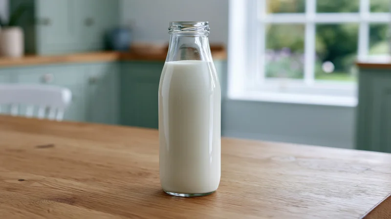 Glass milk bottle on wooden kitchen table near window