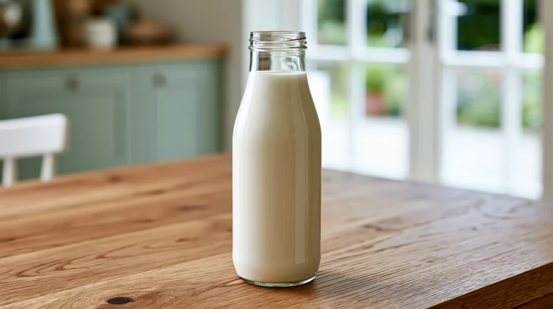 Glass milk bottle filled with white milk on wooden kitchen table