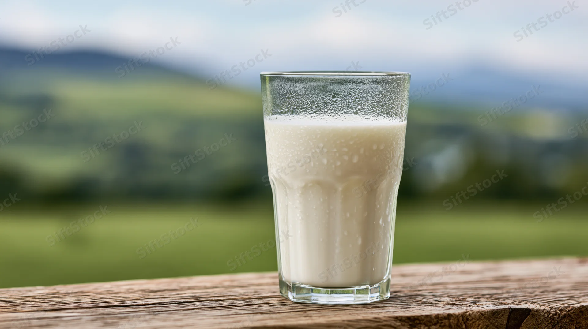 Glass of fresh milk on a weathered wooden table with blurred countryside background