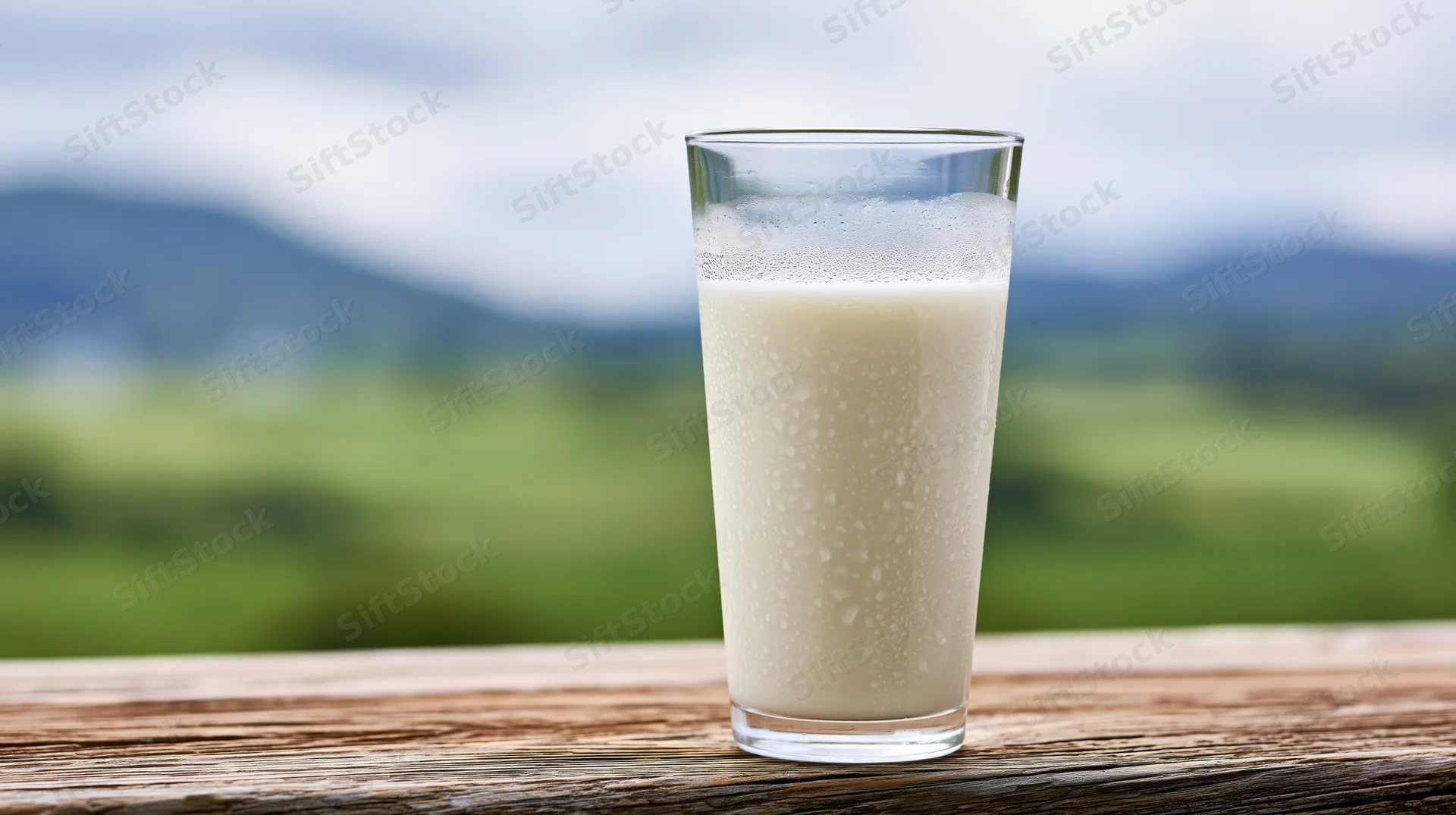 Glass of fresh milk on a weathered wooden table with green countryside and mountains in the background