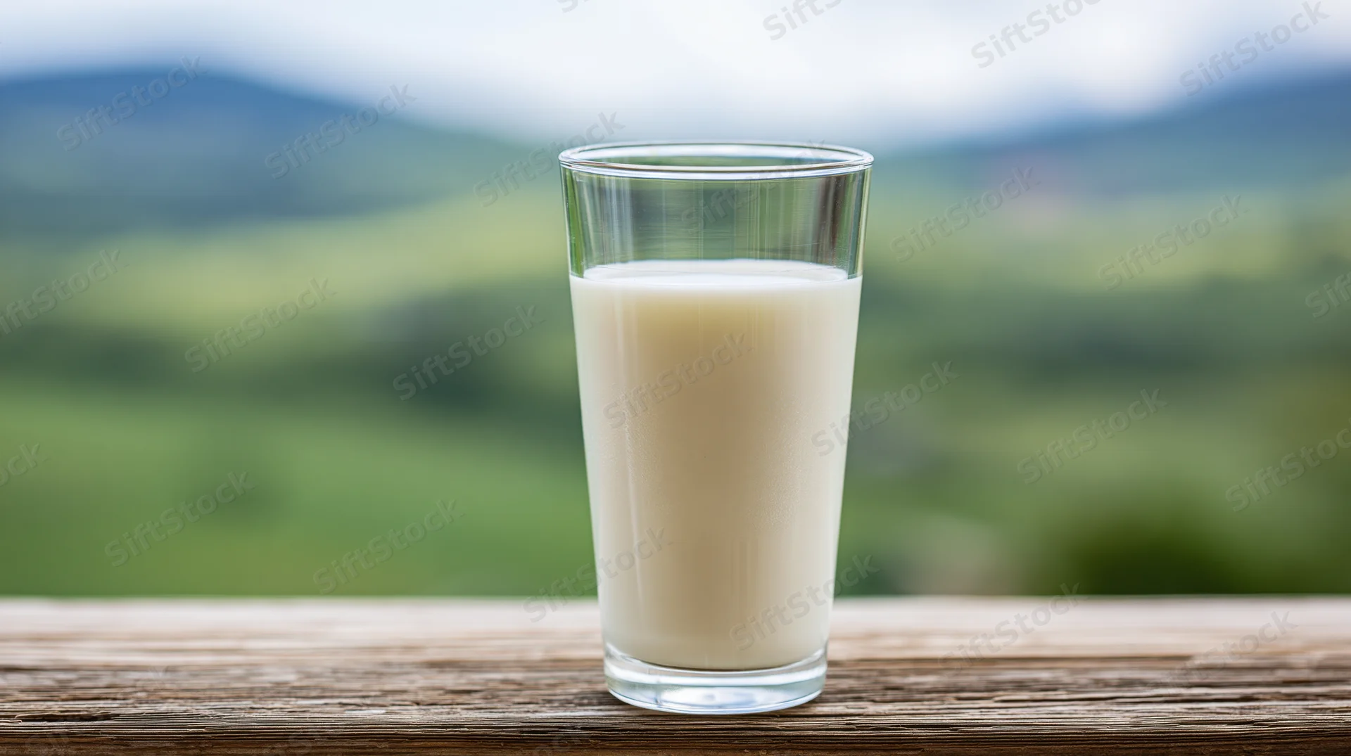 Glass of milk on a wooden table with green countryside in the background
