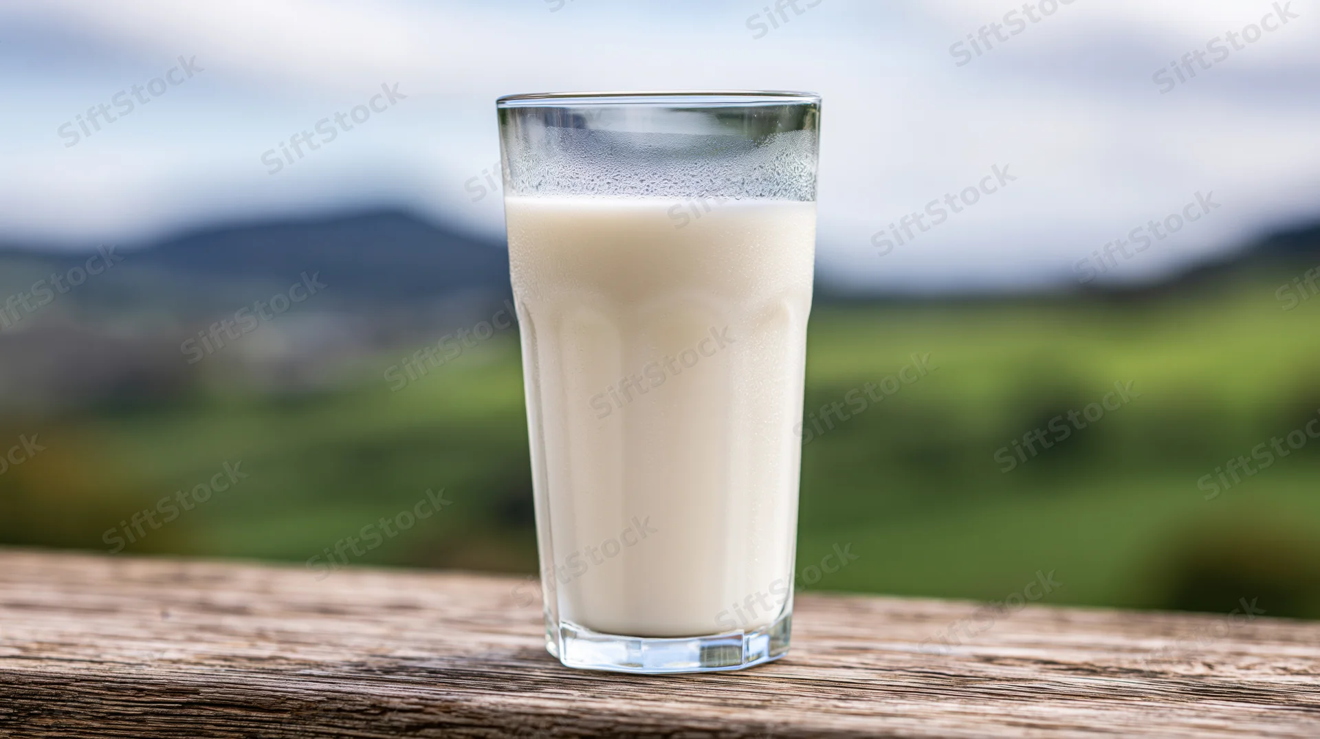 Glass of fresh milk on a weathered wooden table with green fields and mountains in the background