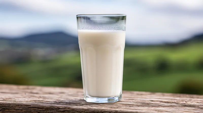 Glass of fresh milk on a weathered wooden table with green fields and mountains in the background