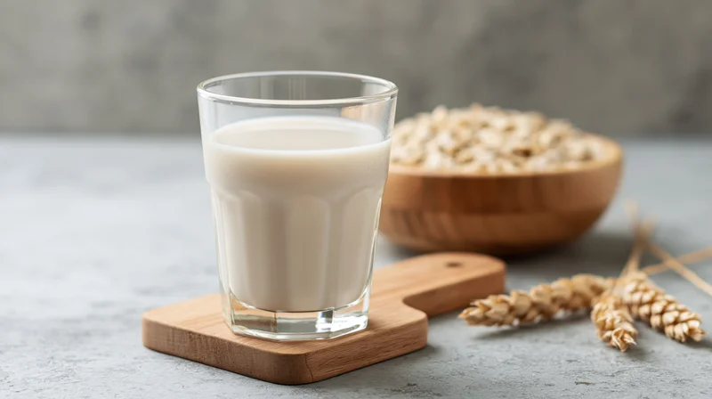 Glass of oat milk on wooden coaster with oats and wheat stalks on gray countertop