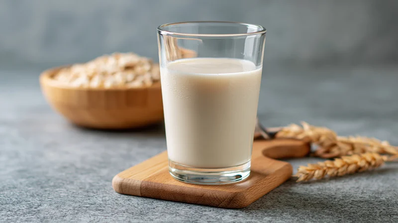 Glass of oat milk on wooden cutting board with oats and wheat stalks on gray surface