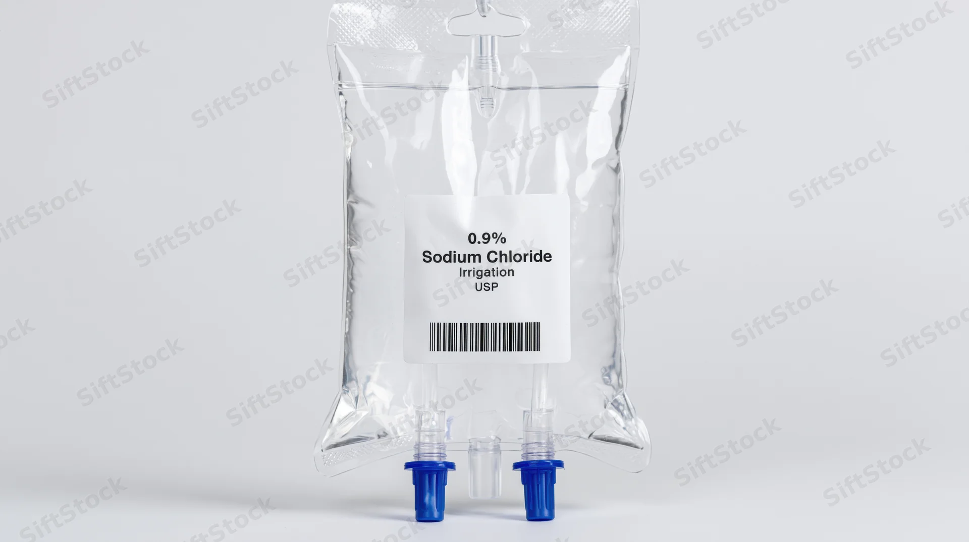 Clear medical iv saline bag labeled 0.9 sodium chloride irrigation usp on white background