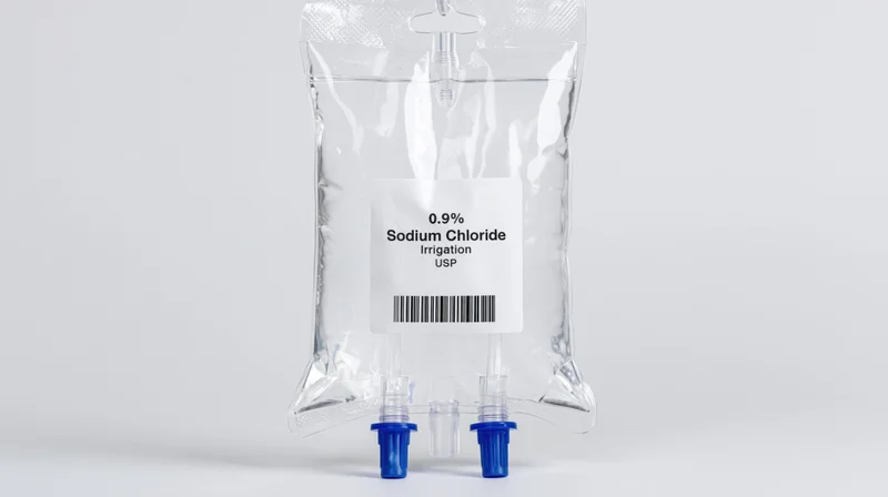 Clear medical iv saline bag labeled 0.9 sodium chloride irrigation usp on white background