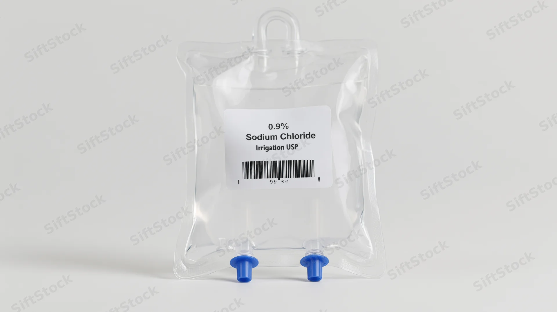 Clear medical iv saline bag labeled 0.9 percent sodium chloride irrigation usp on white background
