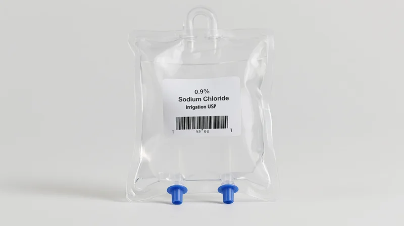 Clear medical iv saline bag labeled 0.9 percent sodium chloride irrigation usp on white background