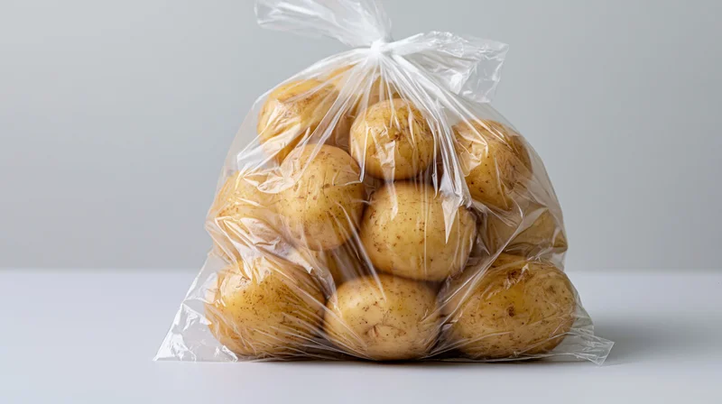 A clear plastic bag filled with whole yellow potatoes tied at the top, sitting on a white surface