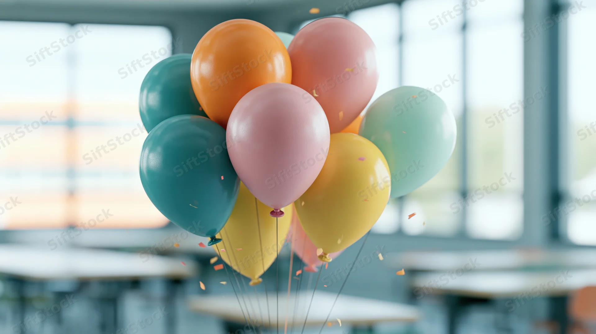 Cluster of pastel and bright balloons floating indoors near windows with confetti drifting around