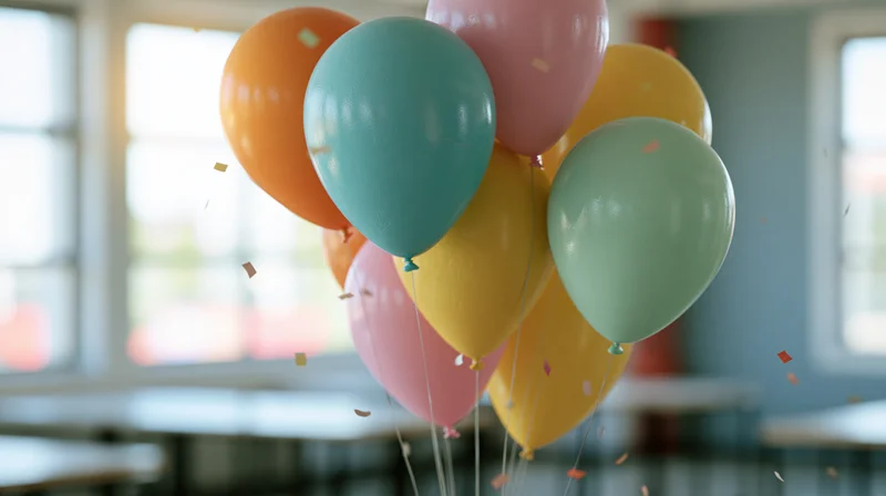 Cluster of colorful latex balloons floating indoors with confetti near a window