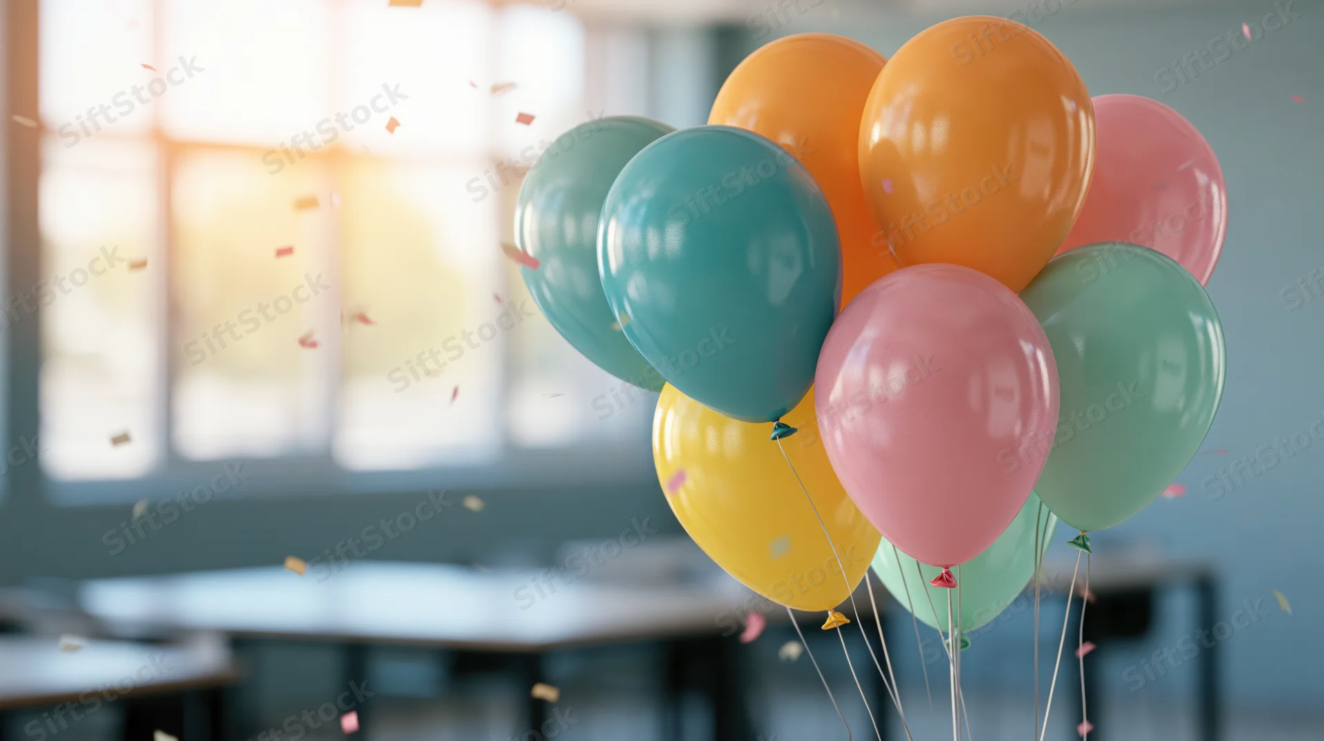 Cluster of colorful latex balloons floating indoors with confetti near a window in an office space