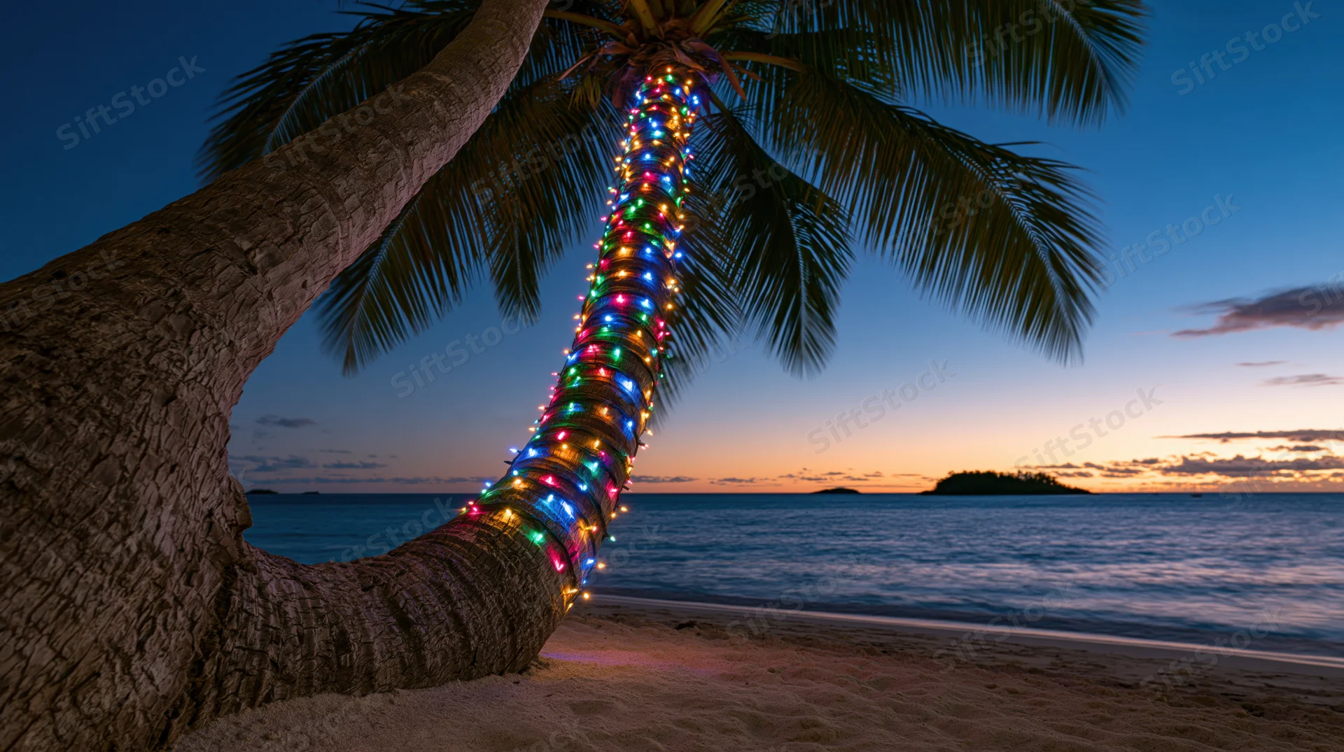 Palm tree wrapped in colorful string lights on a beach at twilight