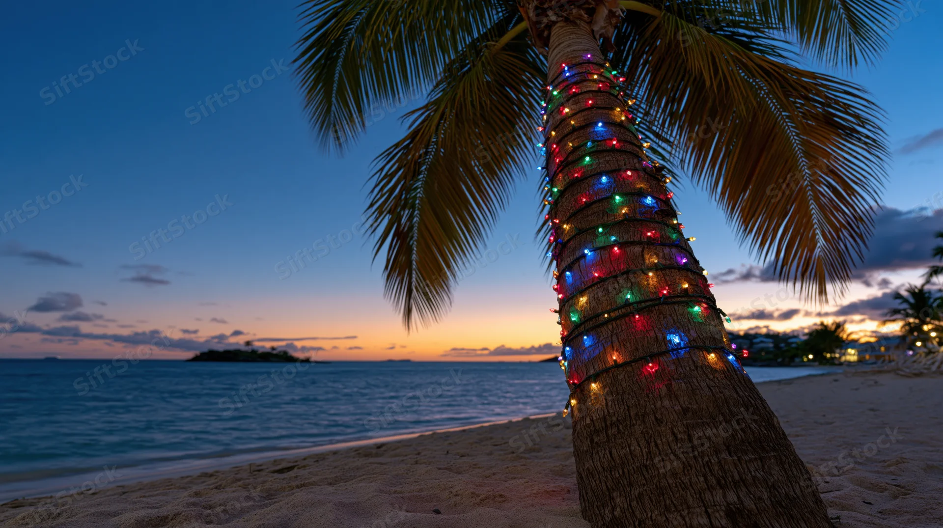 Palm tree wrapped with colorful string lights on sandy beach at twilight near ocean