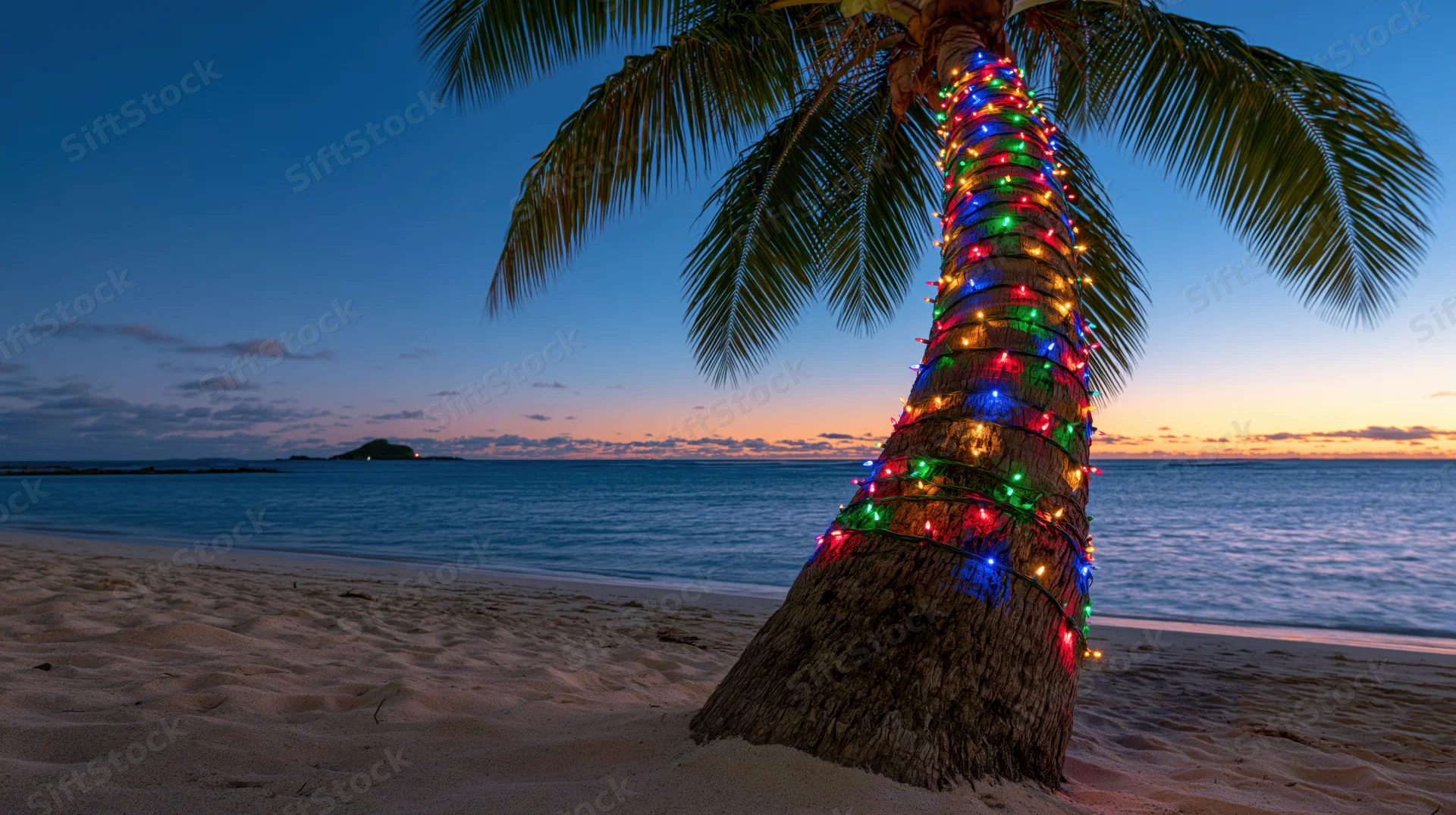 Palm tree wrapped with multicolored string lights on sandy beach at twilight by ocean