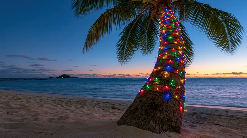Palm tree wrapped with multicolored string lights on sandy beach at twilight by ocean