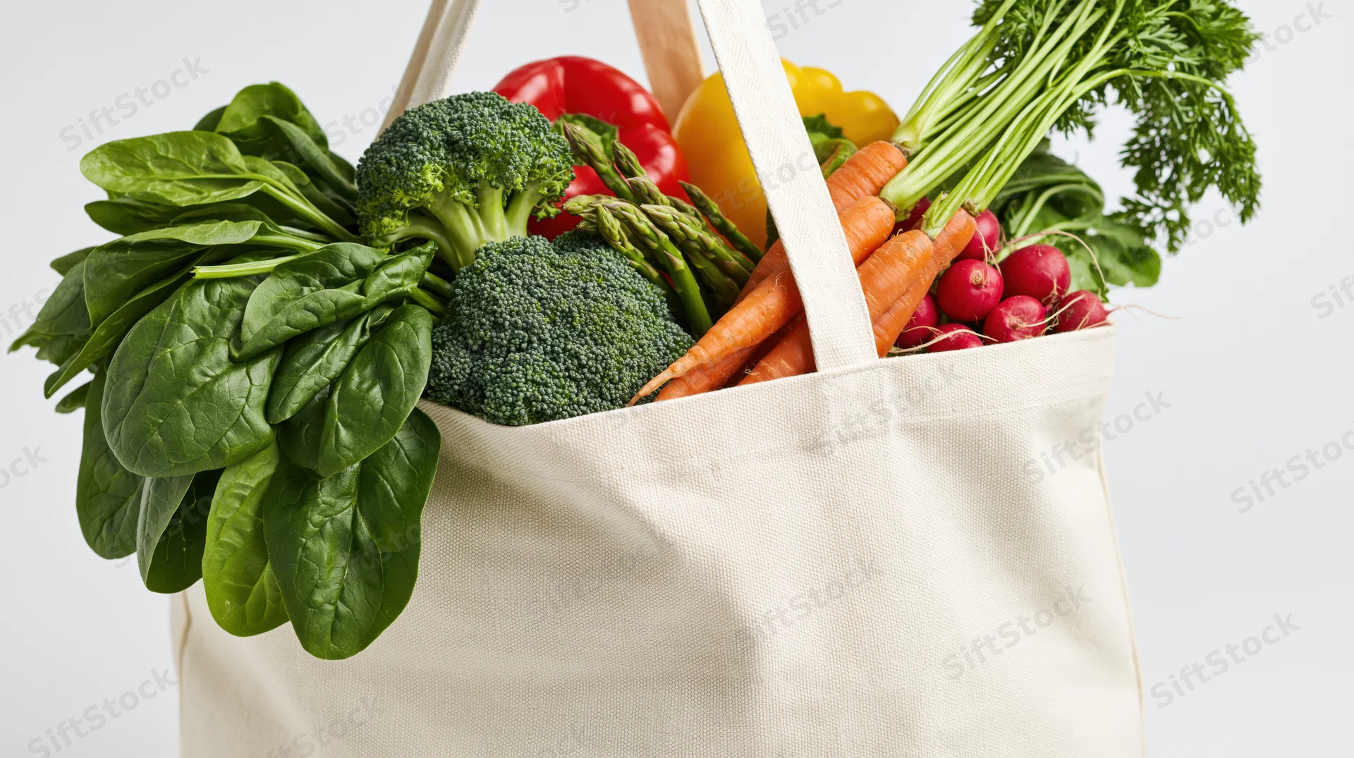Cream canvas tote bag overflowing with fresh vegetables including broccoli, spinach, carrots, radishes, asparagus and peppers against white background