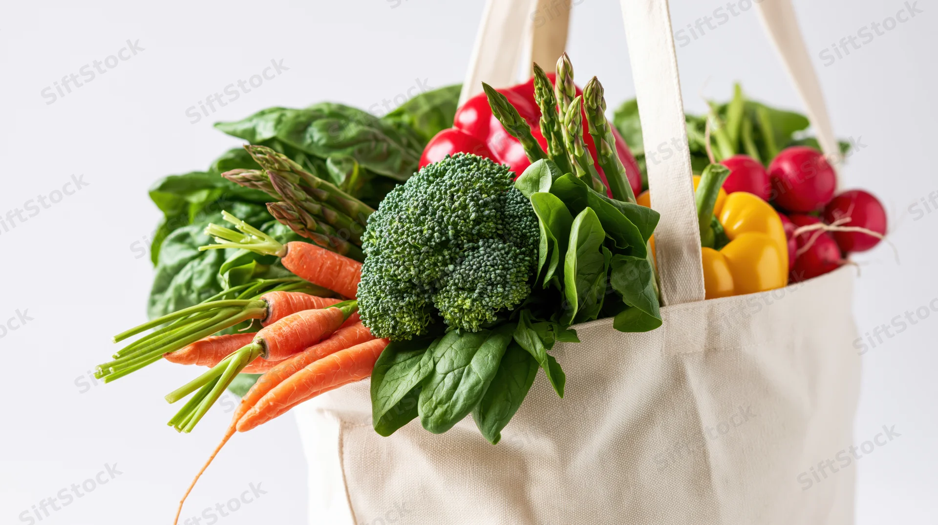 Cream canvas tote bag overflowing with fresh vegetables including broccoli, carrots, spinach, asparagus, bell peppers and radishes