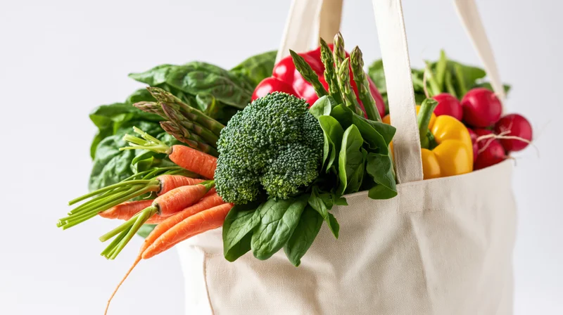 Cream canvas tote bag overflowing with fresh vegetables including broccoli, carrots, spinach, asparagus, bell peppers and radishes