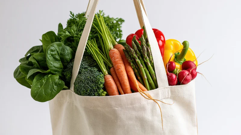 Cream canvas tote bag overflowing with fresh vegetables against white background