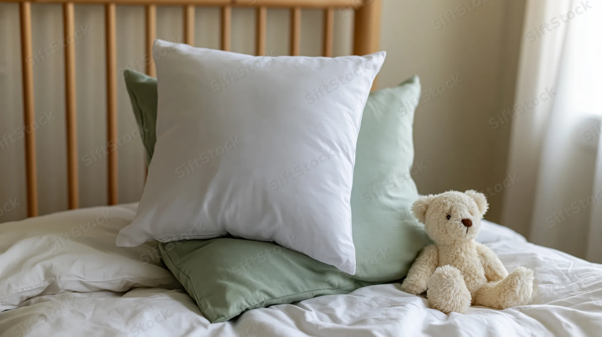 White square pillow propped against green pillow on bed with teddy bear beside it