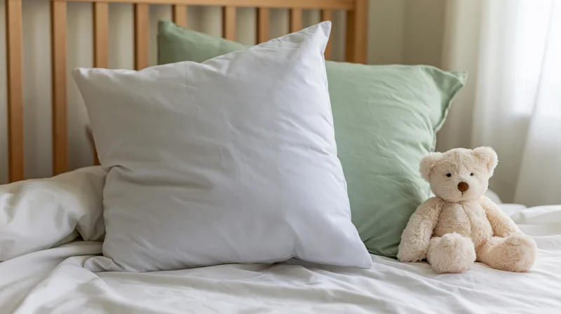 White square pillow and beige teddy bear on a bed with green pillow and wooden headboard