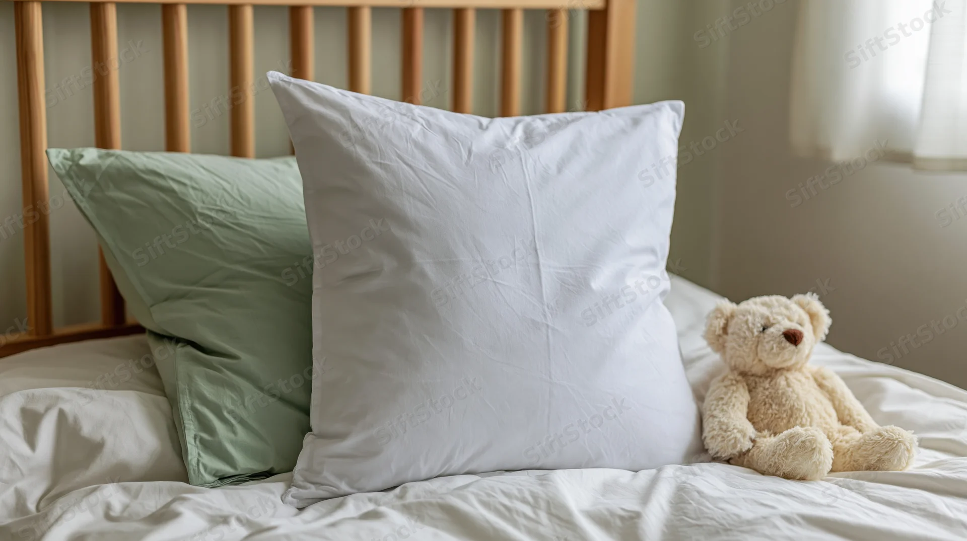 White square pillow and beige teddy bear on a bed with sage green pillow against wooden headboard in a bright bedroom