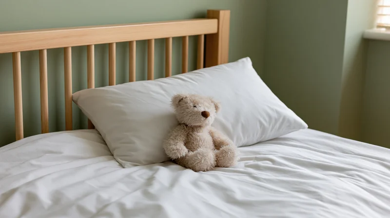 Teddy bear sitting on a white pillow on a made bed with wooden headboard in a green-walled bedroom