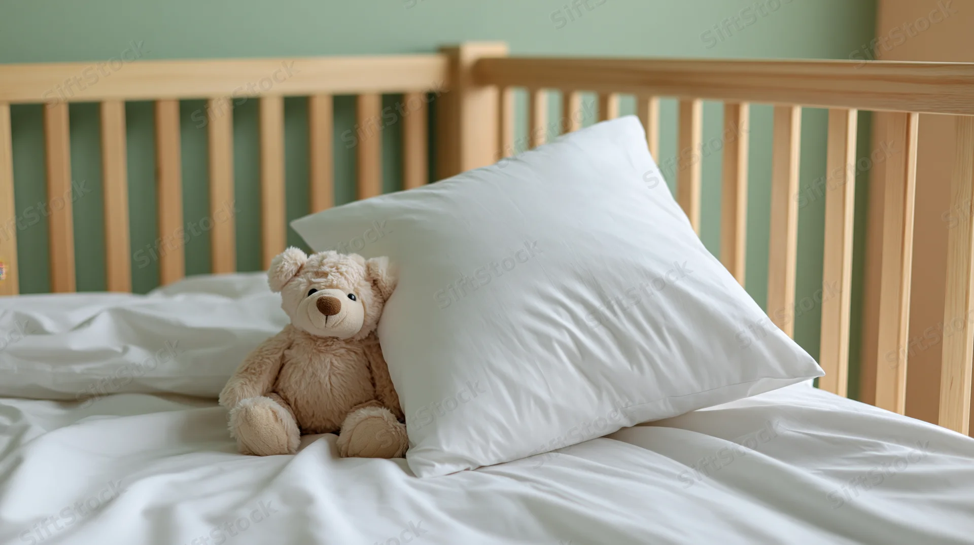Teddy bear resting beside white pillow on wooden crib mattress in nursery