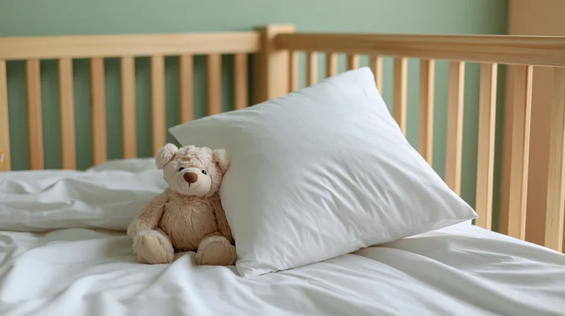 Teddy bear resting beside white pillow on wooden crib mattress in nursery