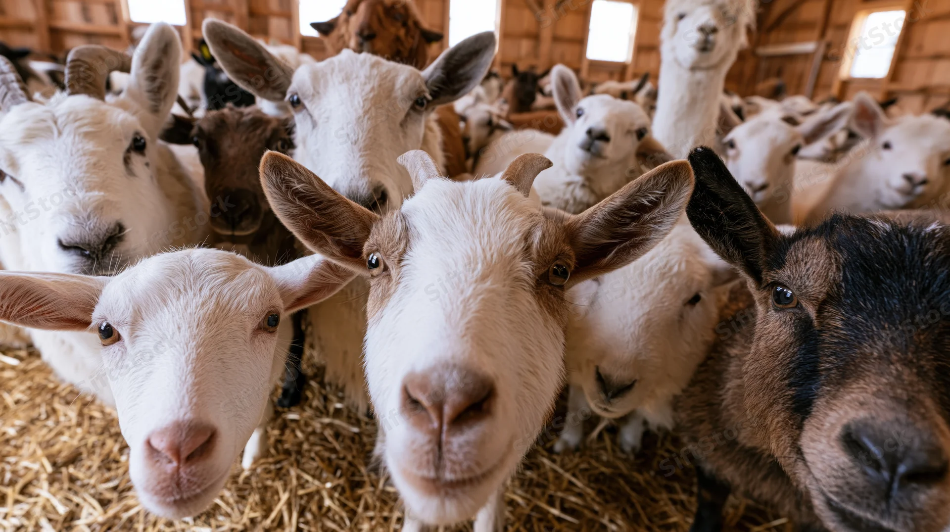 Goats and sheep with one alpaca pressing faces forward in a barn filled with hay