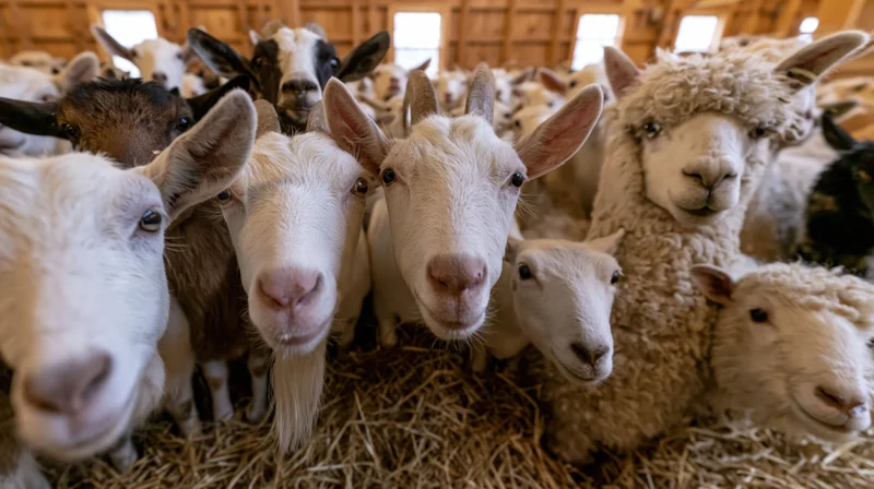 Sheep, goats, and an alpaca crowded together in a barn, pressing their faces forward over hay