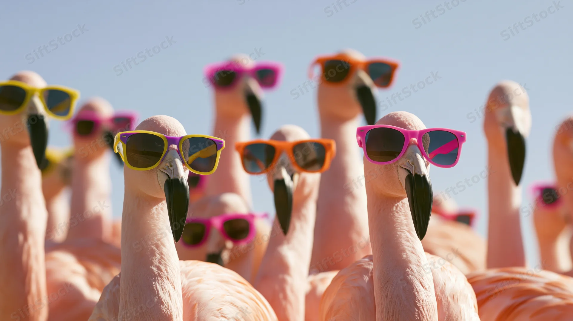 Pink flamingos wearing colorful sunglasses standing in a group outdoors