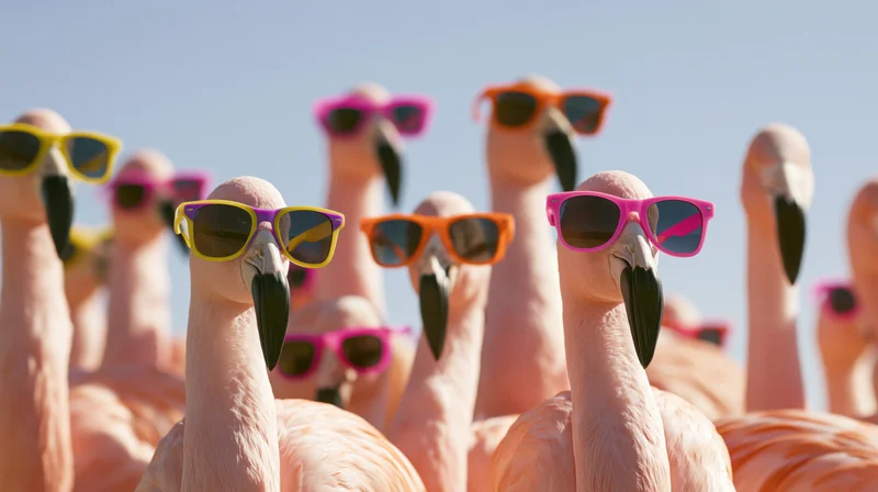 Pink flamingos wearing colorful sunglasses standing in a group outdoors