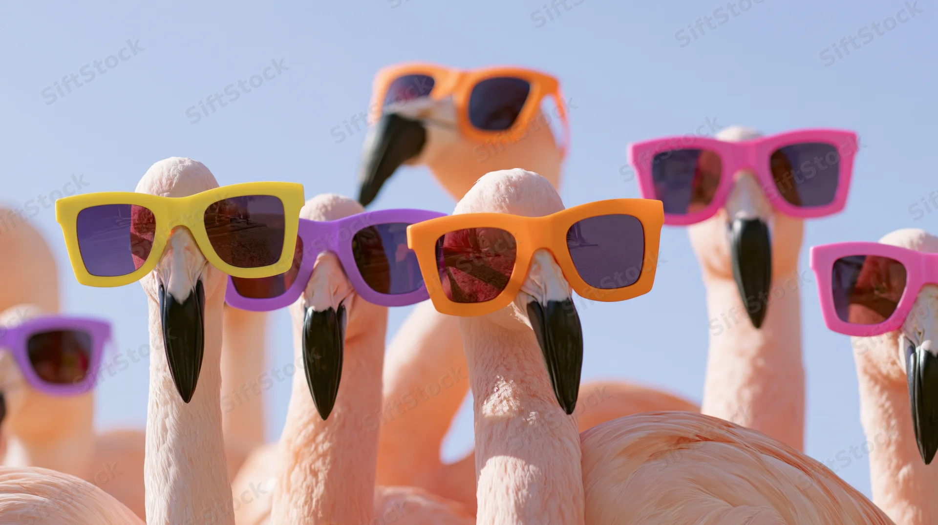 Pink flamingos wearing colorful sunglasses outdoors under a clear blue sky